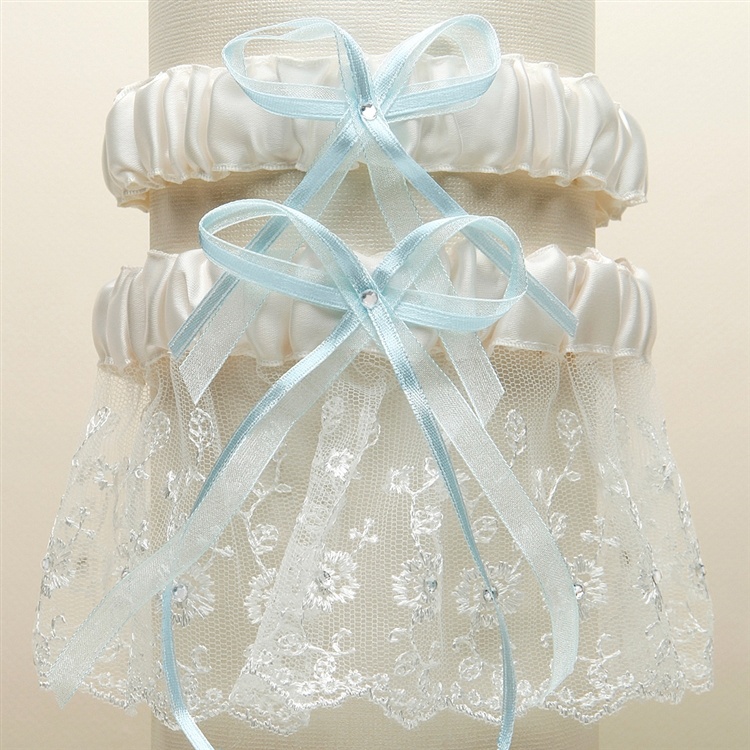 Embroidered Wedding Garter Set With Scattered Crystals - Ivory & "Something Blue" Ribbons