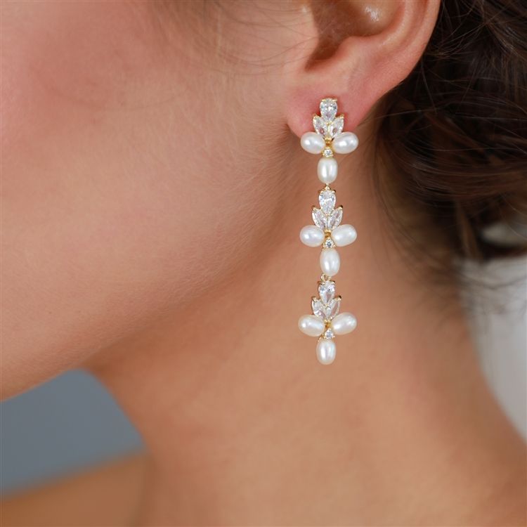 Genuine Freshwater Pearls And Cz Linear Dangle Bridal Earrings In 14K Gold Plating