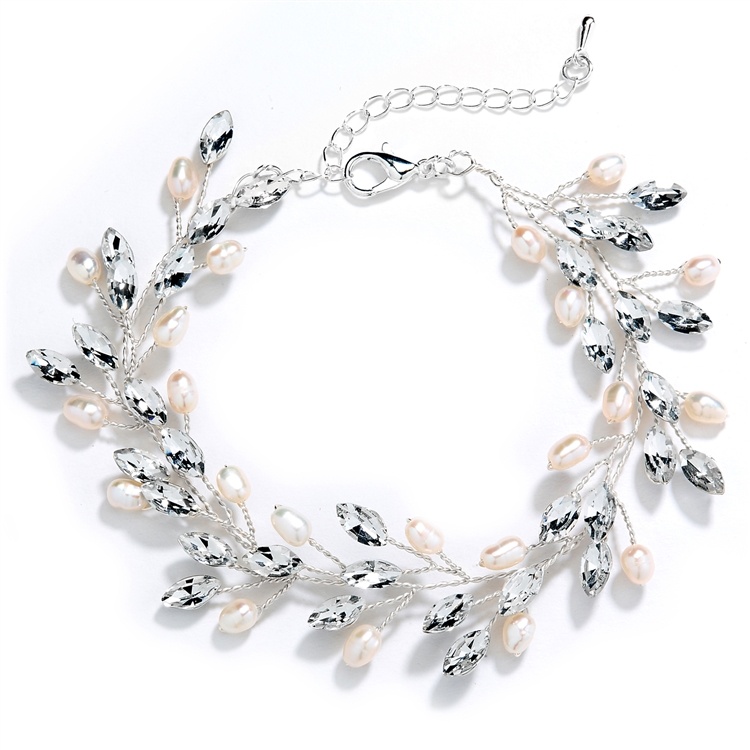 Silver Bracelet With Crystals & Freshwater Pearls, Adjustable 7" To 8 ½"