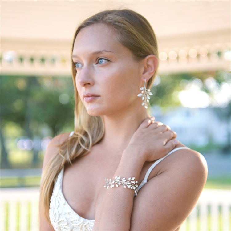 Silver Vine Bridal Earrings With Crystals & Freshwater Pearls