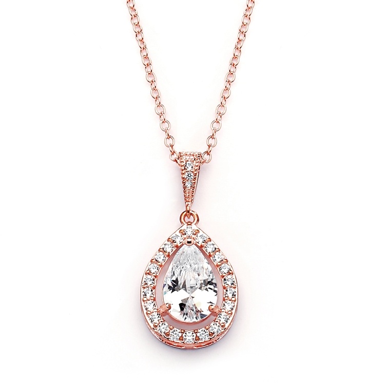 Couture Rose Gold Cubic Zirconia Framed Pear-Shaped Bridal Necklace