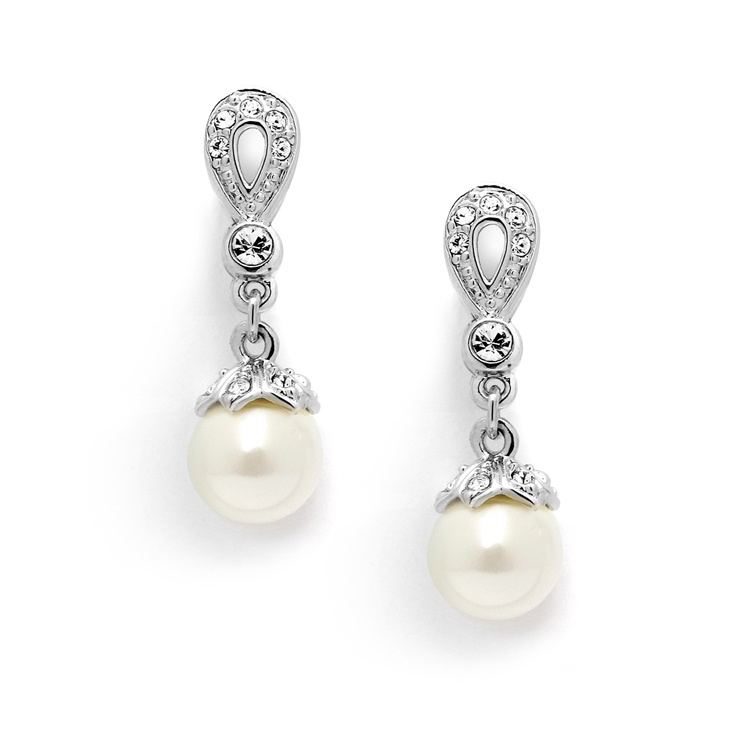 Silver Vintage Cz Pave Bridal Earrings With Pearl Drop