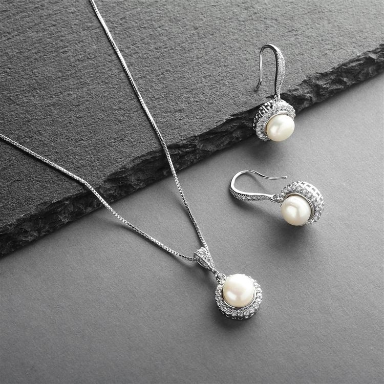 Freshwater Pearl Necklace Set With Inlaid Cz Frame