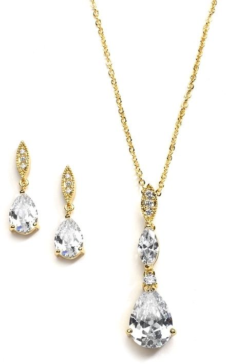 Bridal Necklace Set With Pave Top & Cubic Zirconia Pears