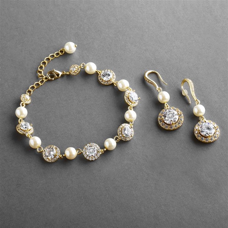Ivory Pearl And Cubic Zirconia Bridal Bracelet And Earrings Set In 14K Gold