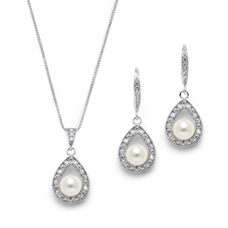 Silver Rhodium Necklace & Earrings Set With Cz Framed Pearl