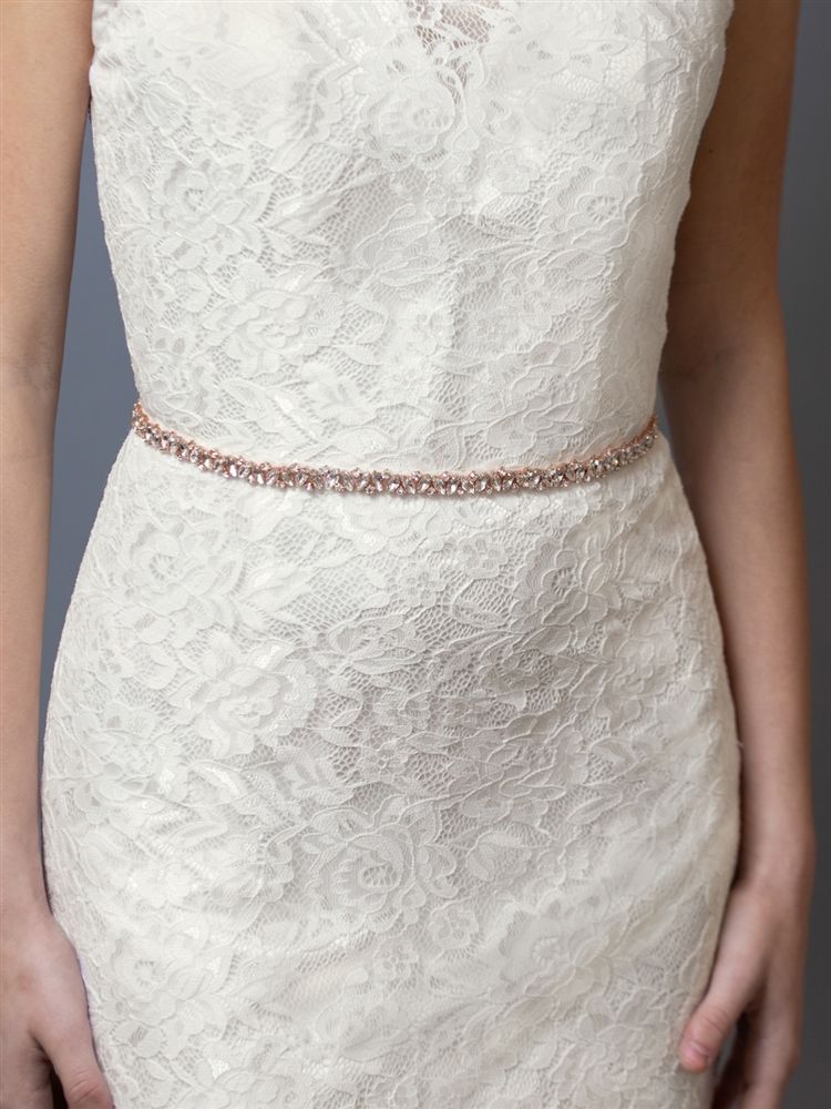 Slender Rose Gold Bridal Belt With Austrian Crystals & Ivory Ribbon