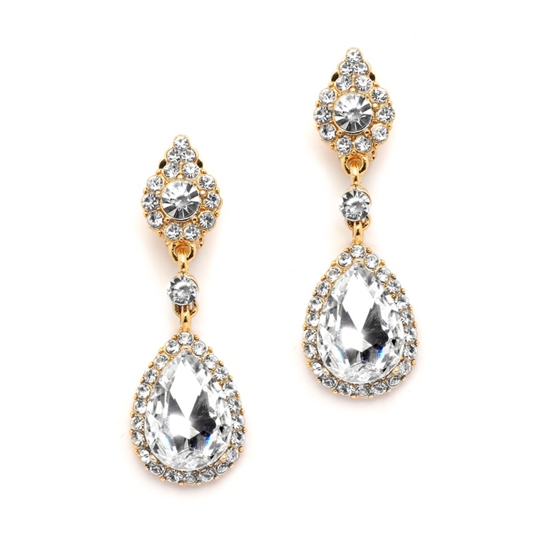 Gold And Crystal Clip-On Earrings With Teardrop Dangles