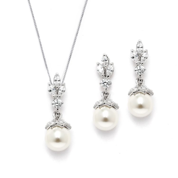 Cz & Light Ivory Pearl Drop Vintage Wedding Jewelry Set