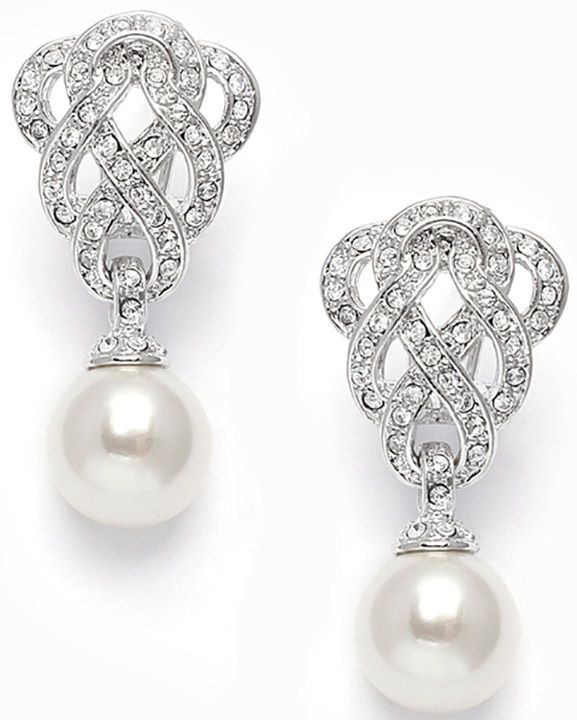 Cubic Zirconia Braided Wedding Earrings With Pearl Drop
