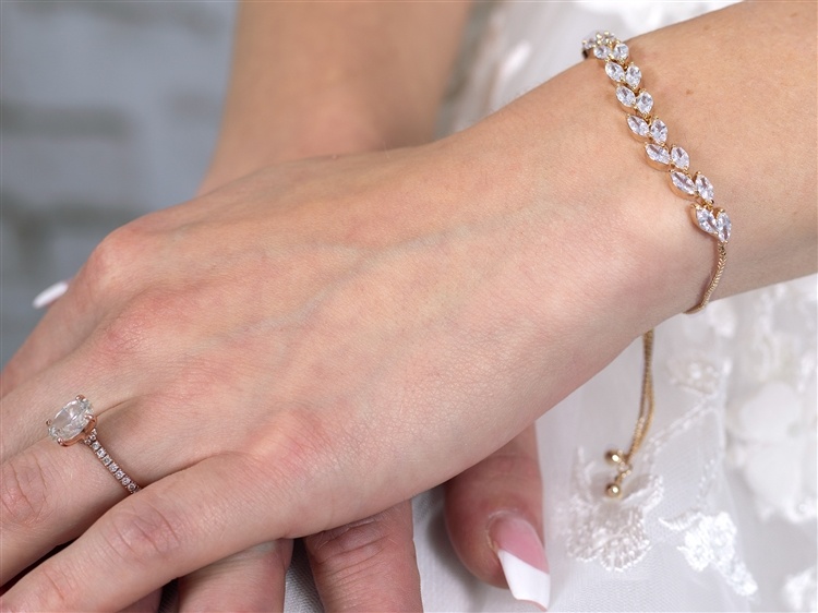 Cz Bracelet & Dangle Earrings Set For Weddings - 14K Gold Plated With Adjustable Slider Chain