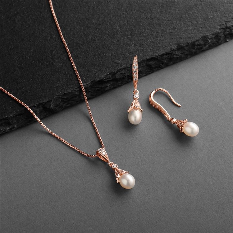 14K Rose Gold Wedding Necklace & Earrings Jewelry Set With Freshwater Pearl