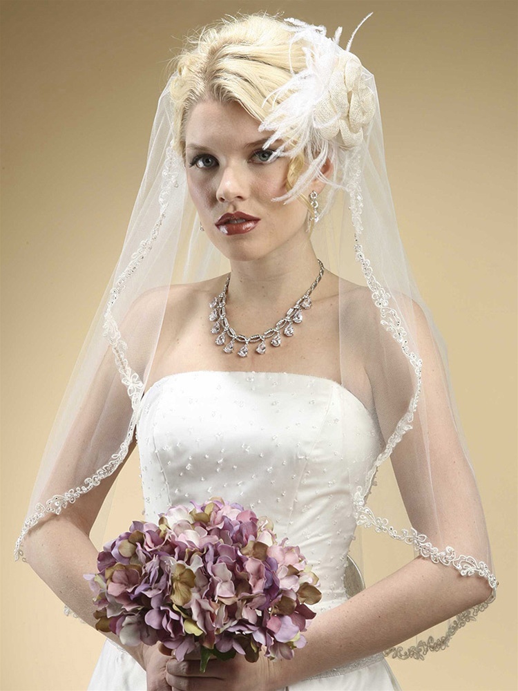 Rhinestone Edge Mantilla Wedding Veil With Floral Appliquè - Ivory