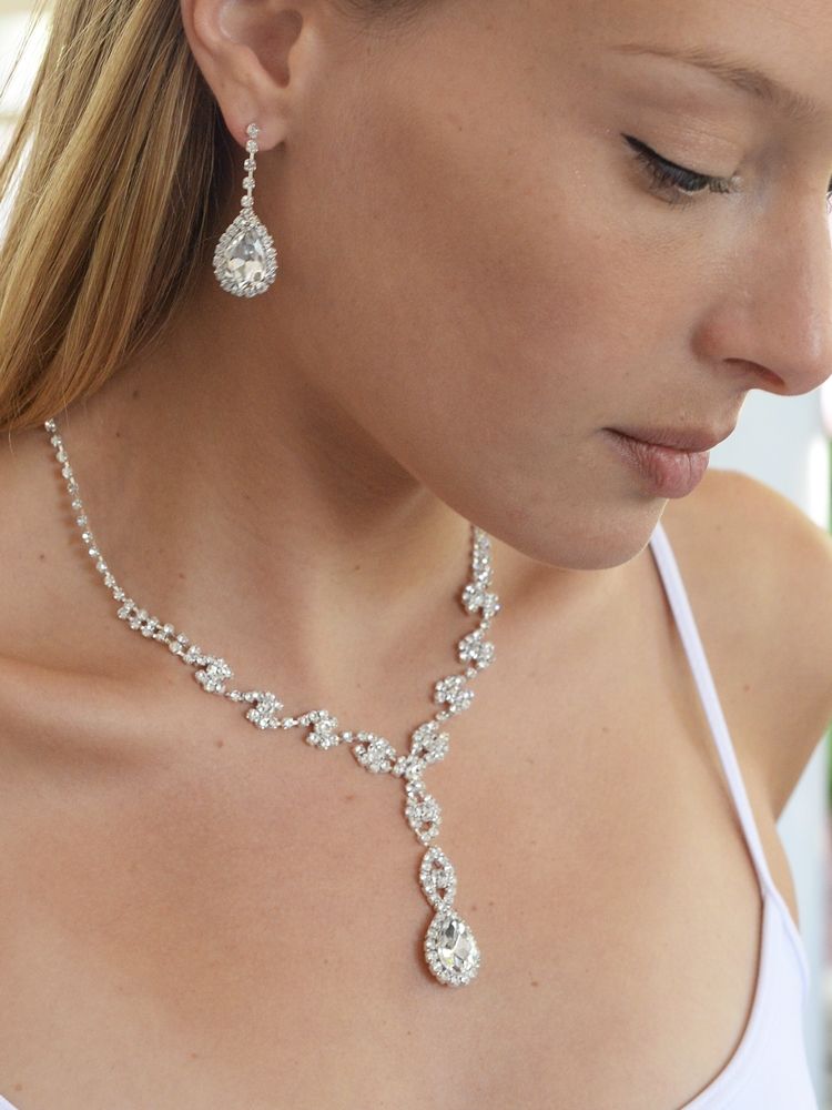 Dramatic Rhinestone Prom Or Wedding Necklace Set With Pear Drops