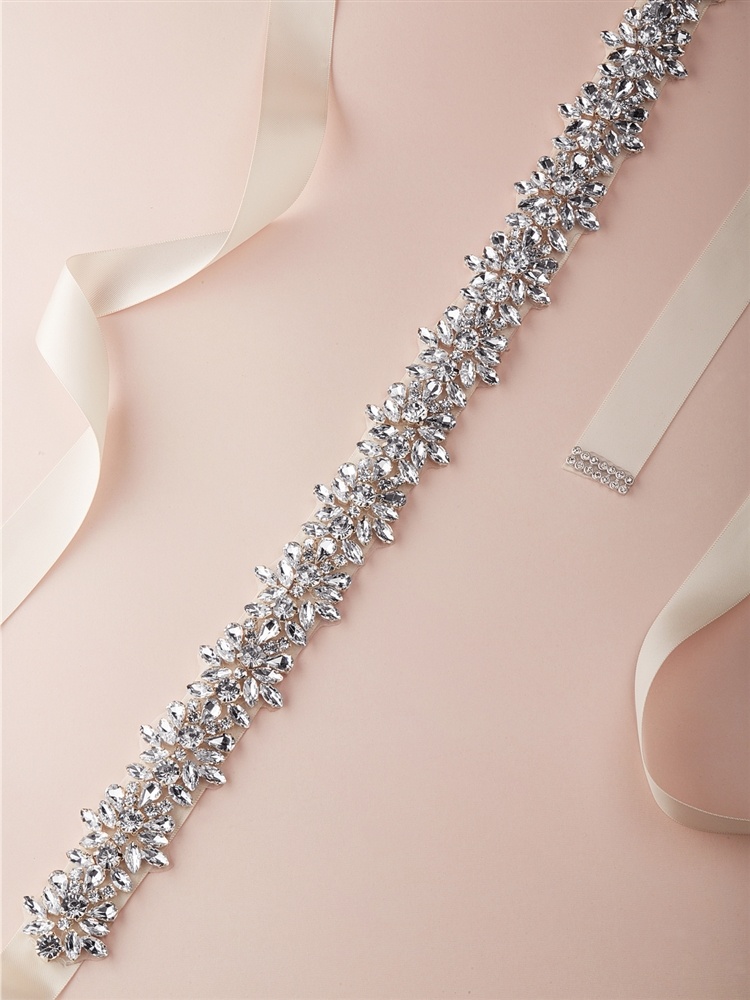 Dazzling Crystal Bridal Belt With Jewelled Clusters & Ivory Ribbon