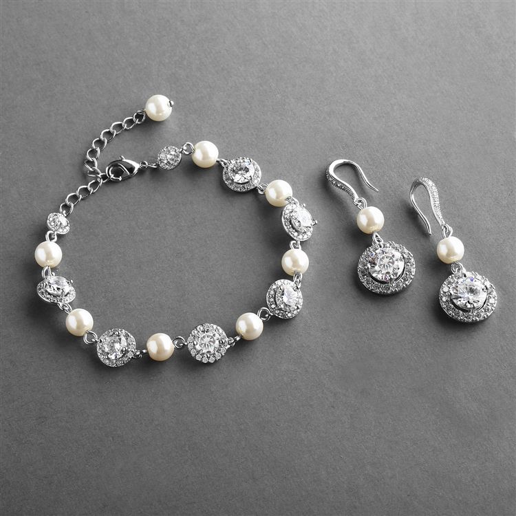 Ivory Pearl And Cubic Zirconia Bridal Bracelet And Earrings Set