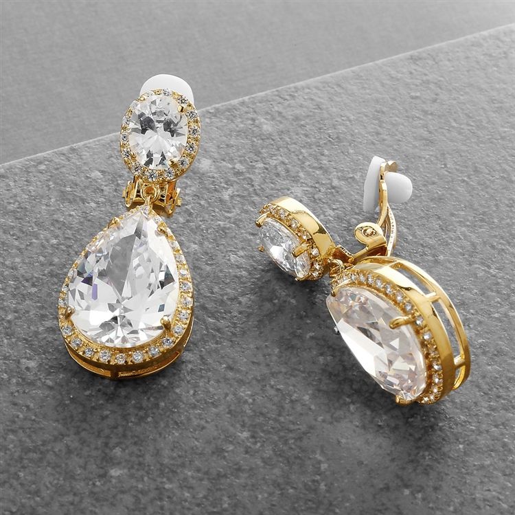 Cubic Zirconia 14K Gold Plated Pear-Shaped Bridal Earrings With Clip Back