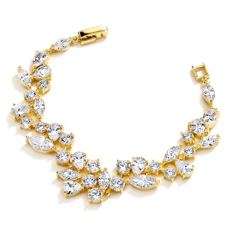 Elegant 6 1/2" Petite Length Cz Wedding Bracelet - 14K Gold Plated Mosaic Design
