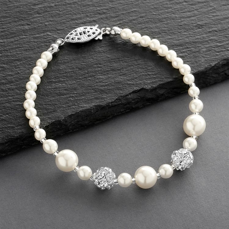 Dainty Wedding Bracelet With Pearls & Rhinestone Fireballs - Ivory