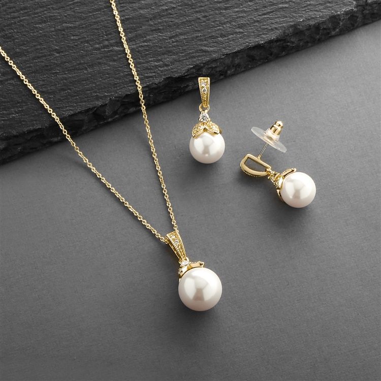 Gold Pearl Drop Necklace Set With Vintage Cz