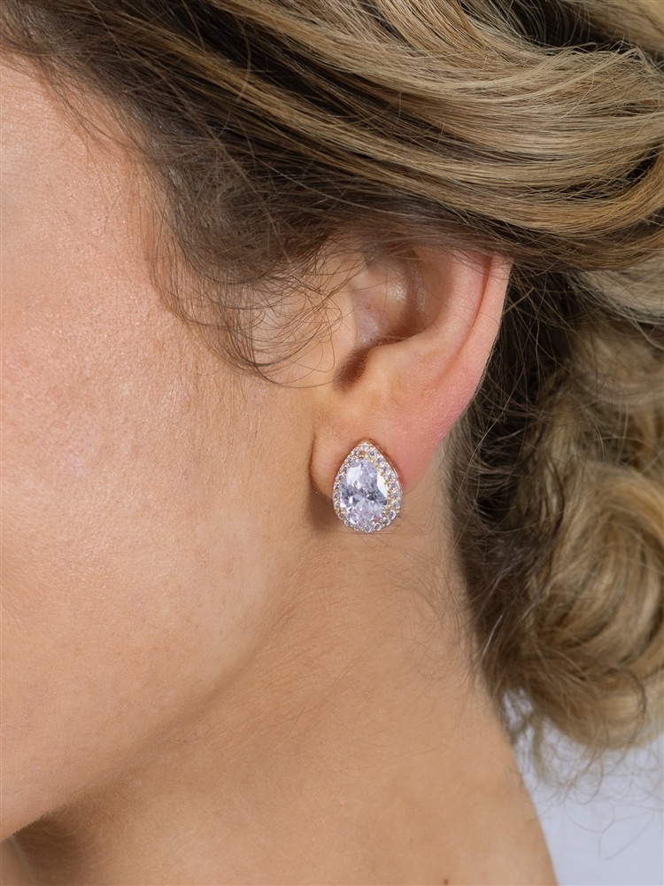 14K Gold Cz Pear-Shape Wedding Clip-On Earrings