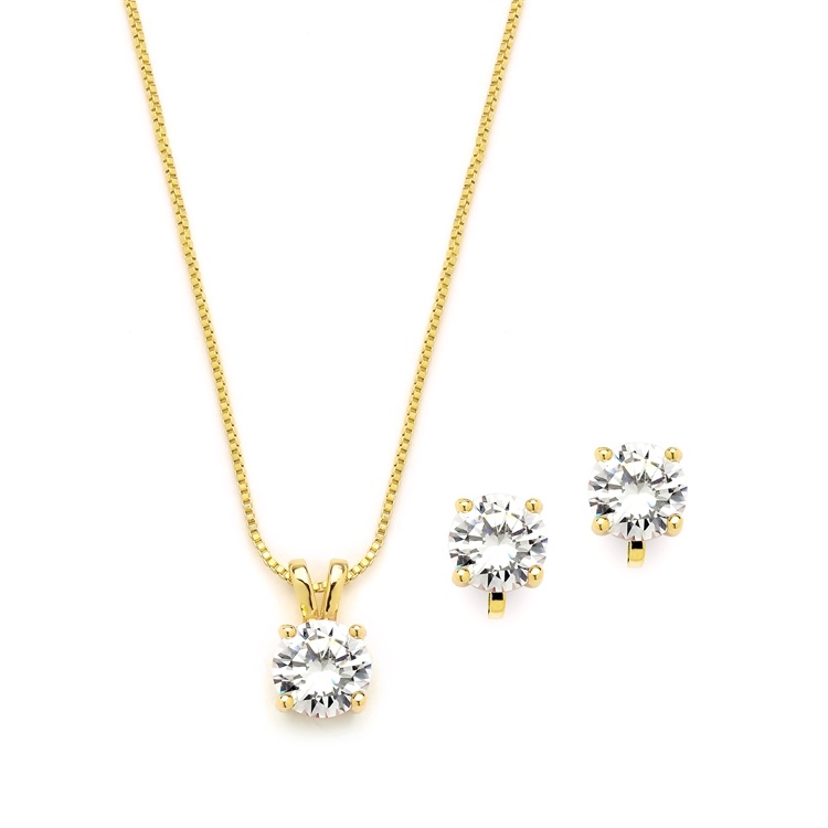 14K Gold Plated Cz Pendant Necklace And Clip-On Earrings Set