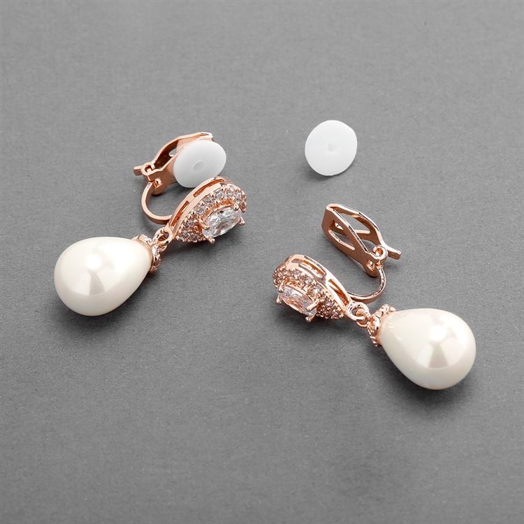 Clip-On Cz Pear Bridal Earrings With Bold Soft Cream Pearl Drops