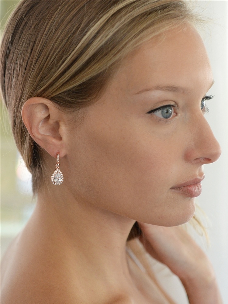 Rose Gold And Cubic Zirconia Bridal Earrings With Framed Pear Drops