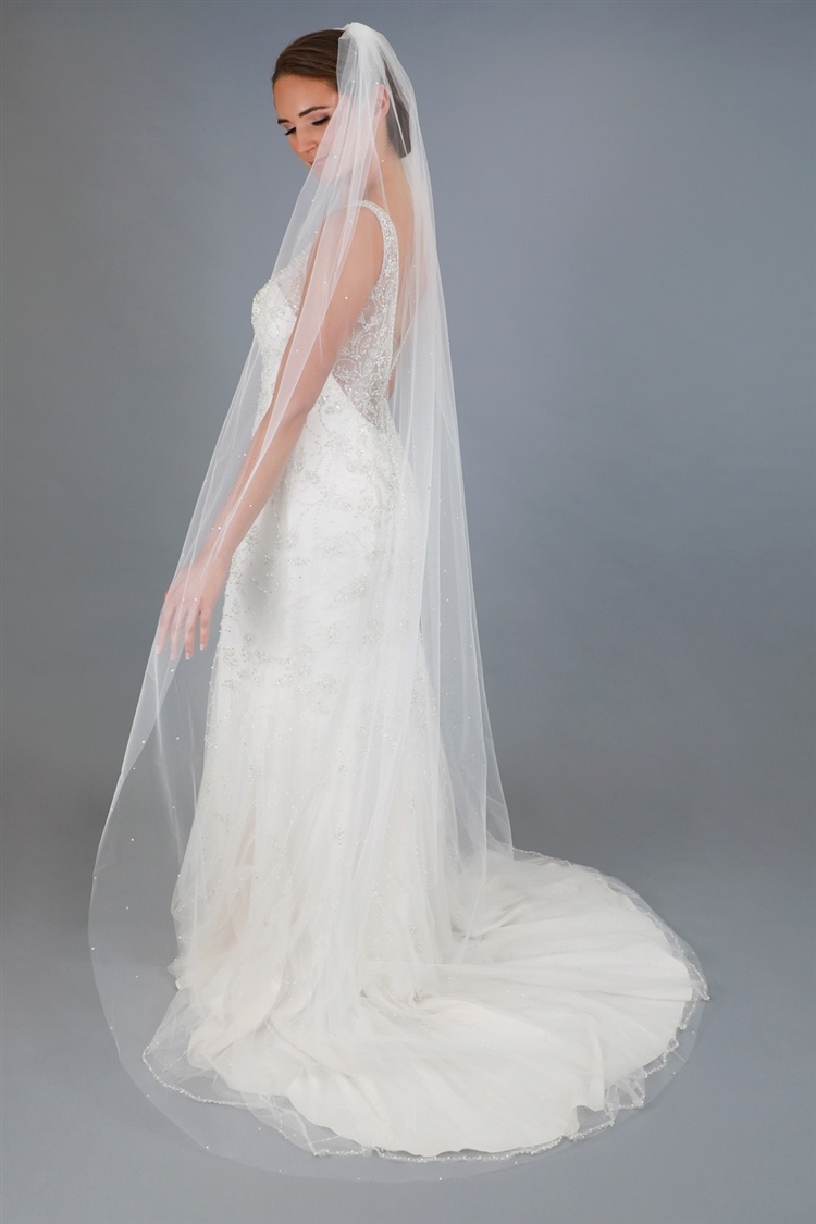 90" Chapel Length Cut Edge Ivory Bridal Veil With Scattered Pearls & Crystals