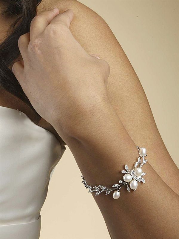 Freshwater Pearl Wedding Bracelet With Cz Leaves