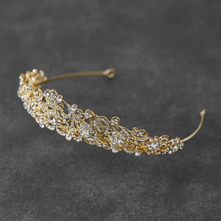 Vintage Filigree Gold Tiara With Clear Crystals For Bridal, Prom Or Wedding