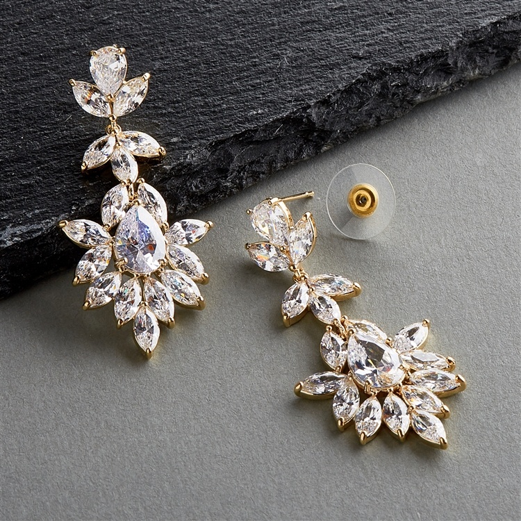 14K Gold Plated Dangle Wedding Earrings For Brides Or Bridesmaids With Marquis & Pear Cz