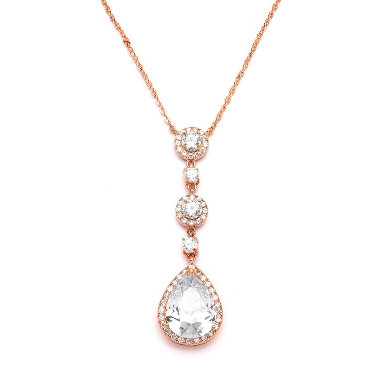 Stunning Linear Rose Gold Bridal Necklace With Pear-Shaped Cz Drop