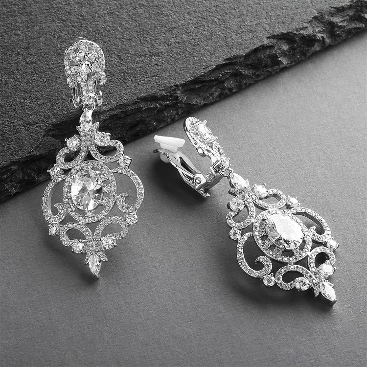 Victorian Scrolls Silver Rhodium Plated Cz Clip-On Wedding Chandelier Earrings