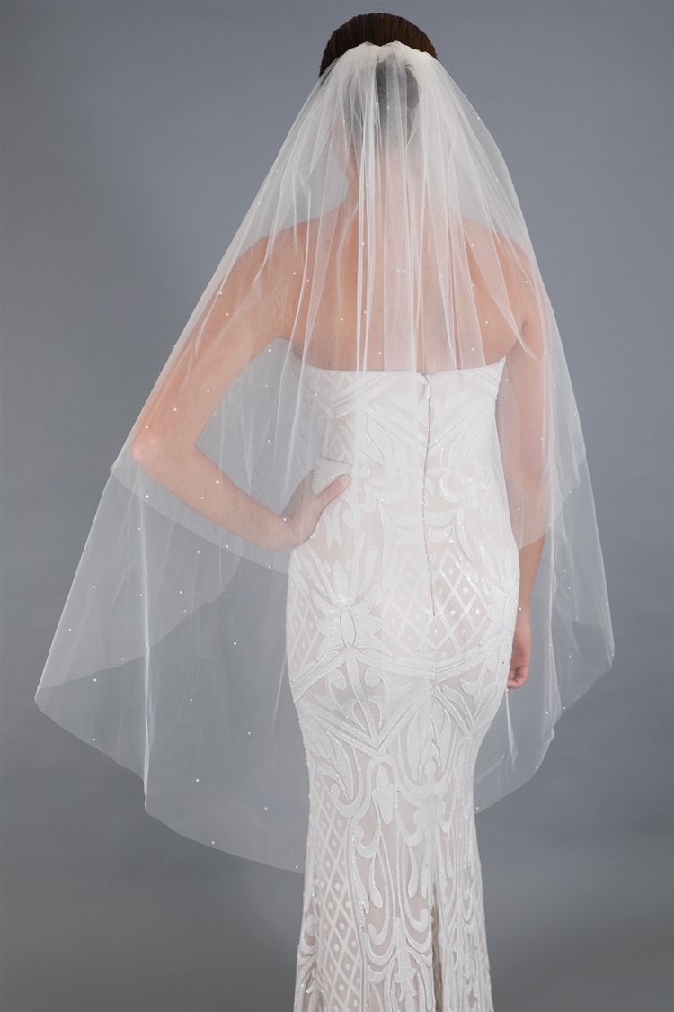 2-Tier 45" Knee Length Cut Edge Veil - Scattered Pearls & Crystals With 30" Blusher - Ivory