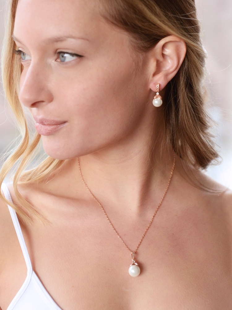 Rose Gold Pearl Drop Necklace Set With Vintage Cz