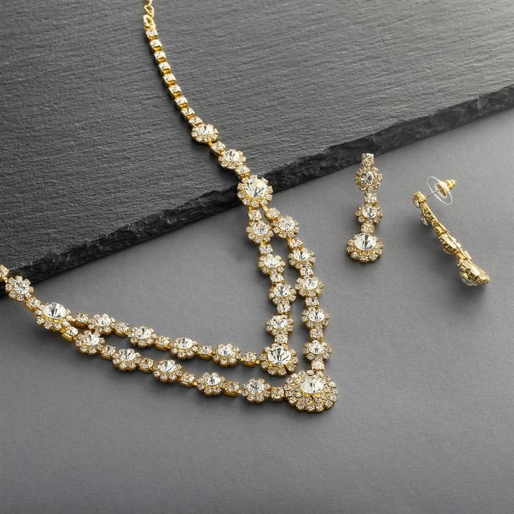 Regal Gold Two Row Rhinestone Necklace & Earrings Set