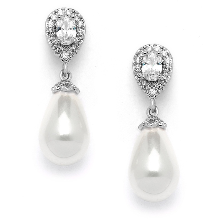Clip On Cz Pear Bridal Earrings With Bold Soft Cream Pearl Drops