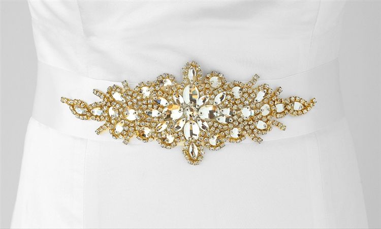 Opulent White Satin Bridal Sash With Gold And Crystal Starburst
