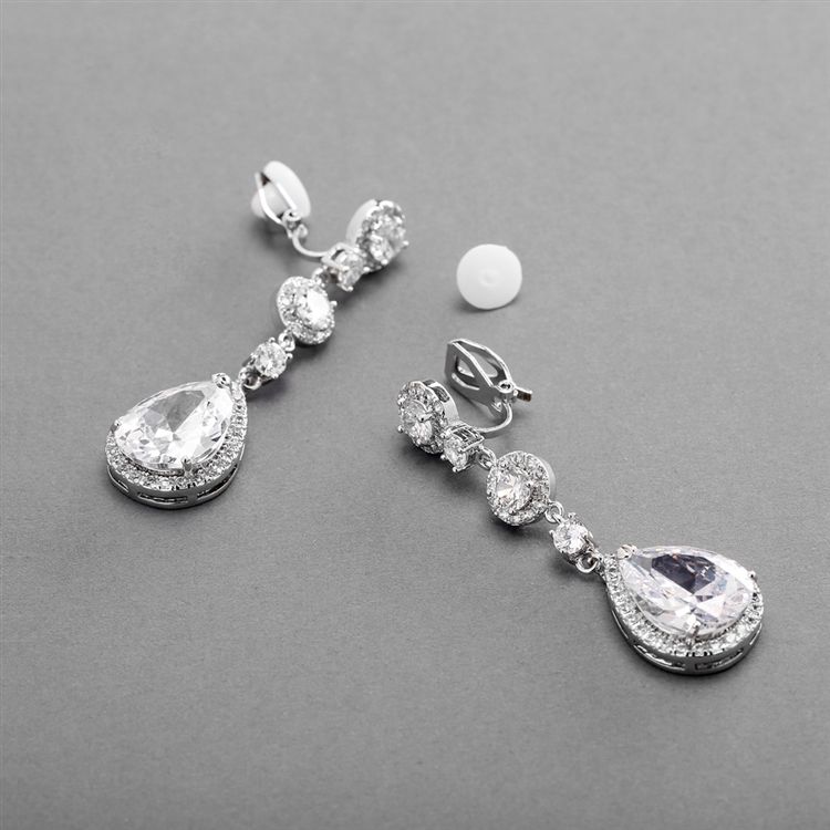 Best-Selling Clip-On Pear-Shaped Drop Bridal Earrings With Pave Cz