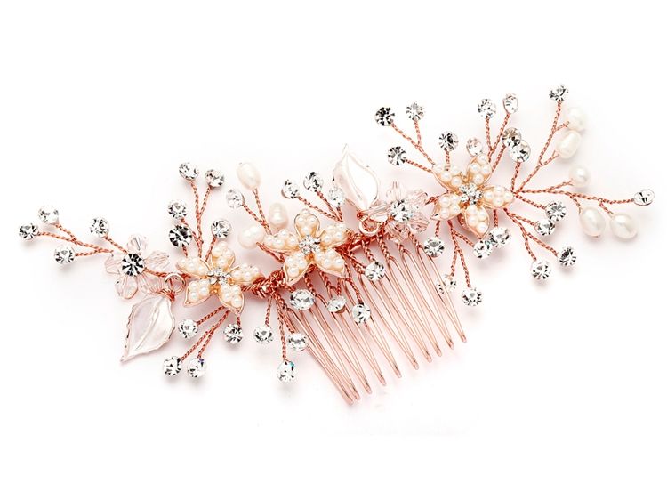 Bridal Hair Comb With Rose Gold Leaves, Freshwater Pearl And Crystal Sprays