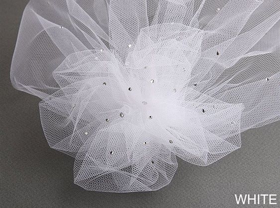 White Tulle Birdcage Veil With Side Pouf & Swarovski Crystals