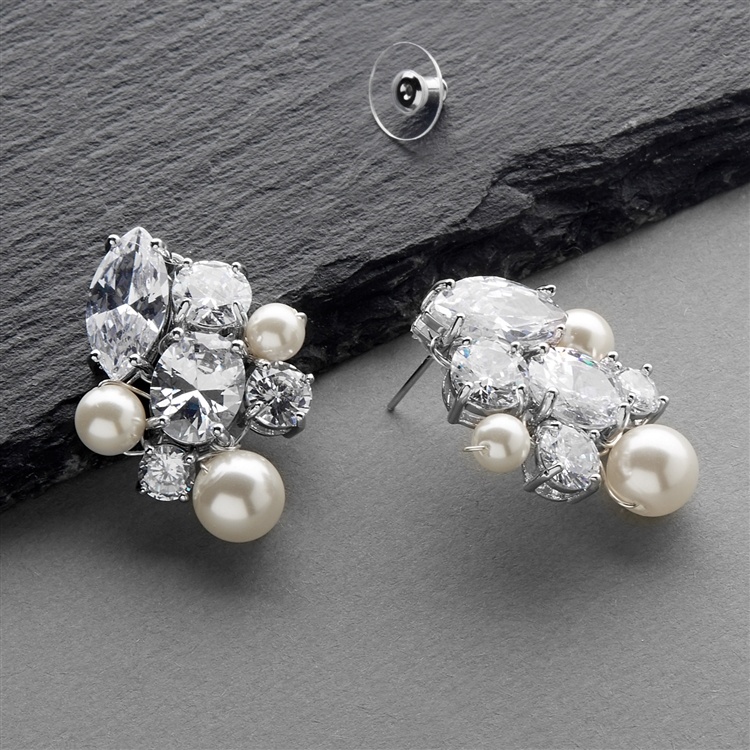 Hand-Crafted Cubic Zirconia And Mixed Ivory Pearl Cluster Wedding Earrings
