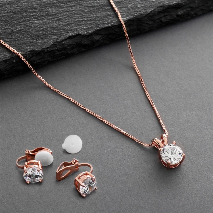 14K Rose Gold Plated Cz Pendant Necklace And Clip-On Earrings Set