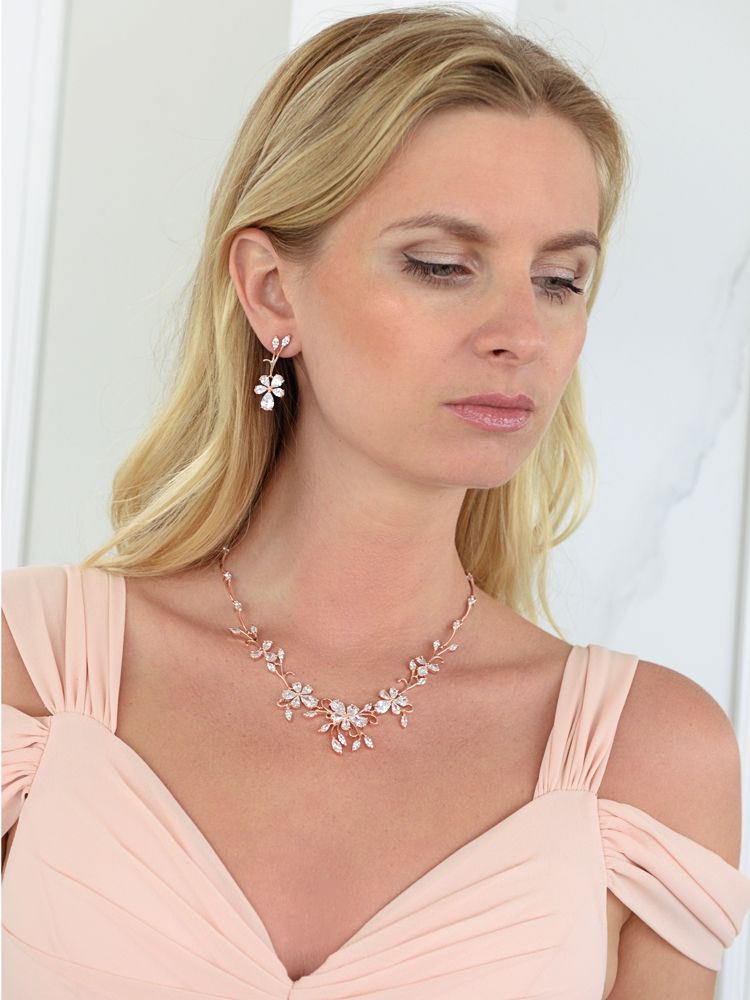Elegant Rose Gold Vine Motif Cubic Zirconia Necklace And Earrings Set For Weddings Or Formals