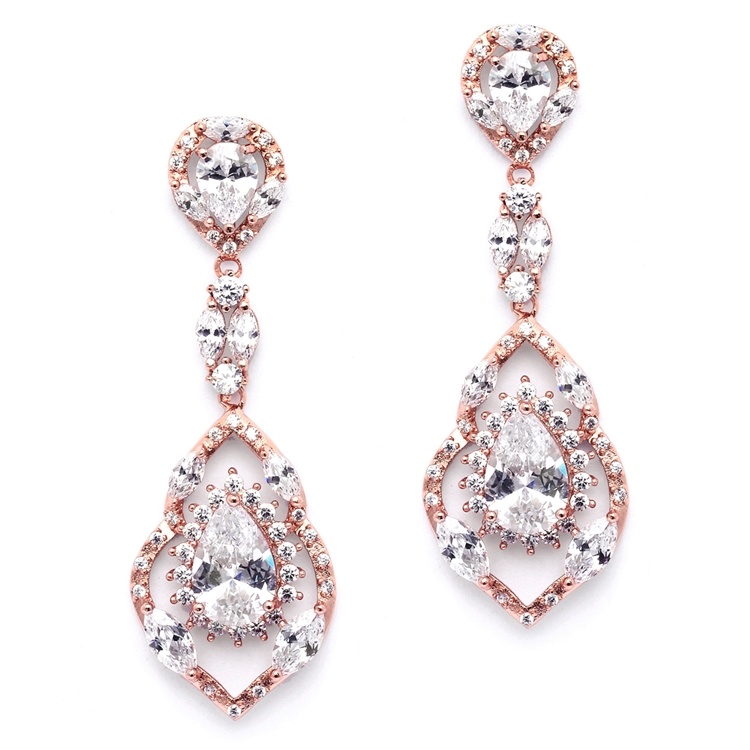 Rose Gold Cubic Zirconia Dangle Statement Earrings For Wedding Or Prom