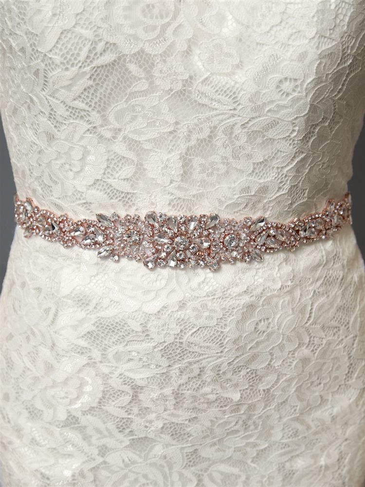 Stunning Rose Gold Bridal Belt With Extra Long 21.5" Crystal Rhinestone Motif - Ivory Ribbon