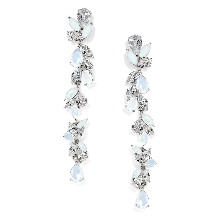 Cubic Zirconia And Opal Long Statement Wedding Dangle Earrings