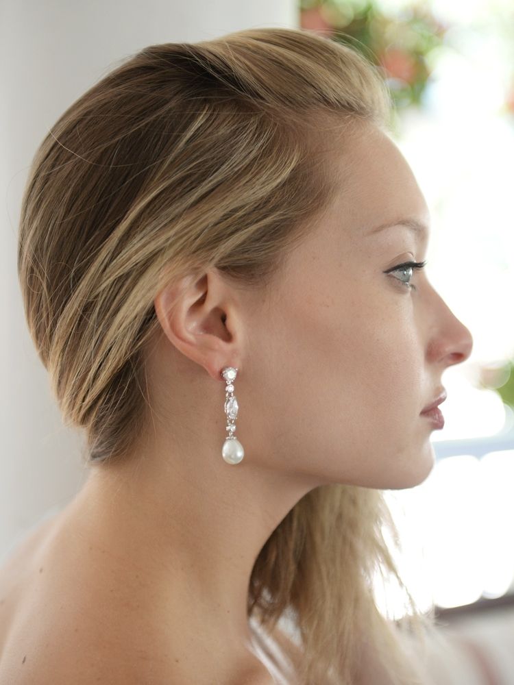 Linear Cz And Pearl Wedding Earrings