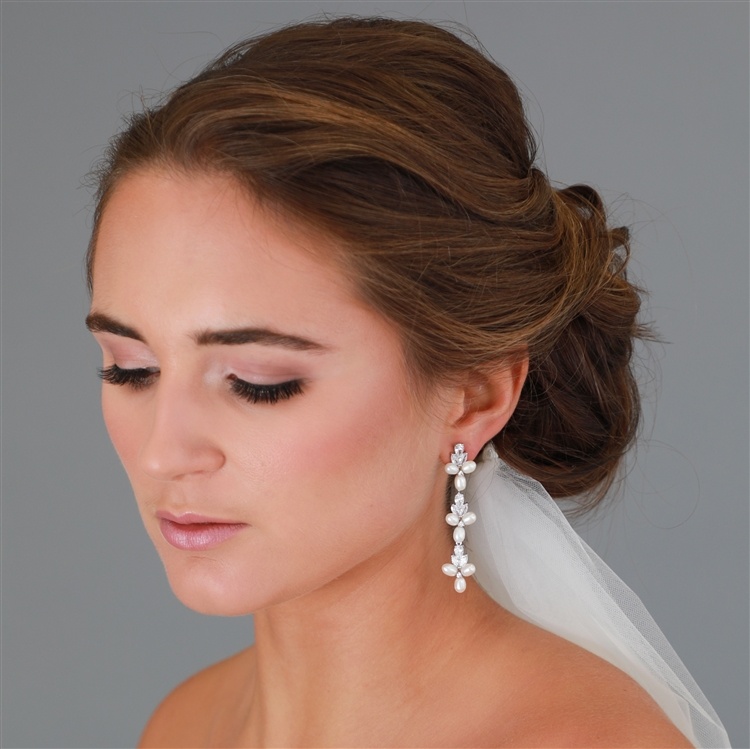 Genuine Freshwater Pearls And Cz Linear Dangle Bridal Earrings In Platinum Plating